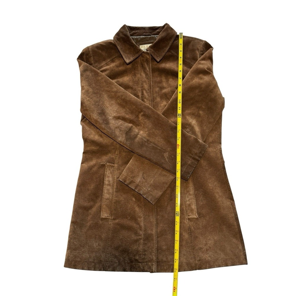 Vintage Brown Suede Leather Jacket Mid Length Coat Pointed Collar Chocolate M - Picture 8 of 9